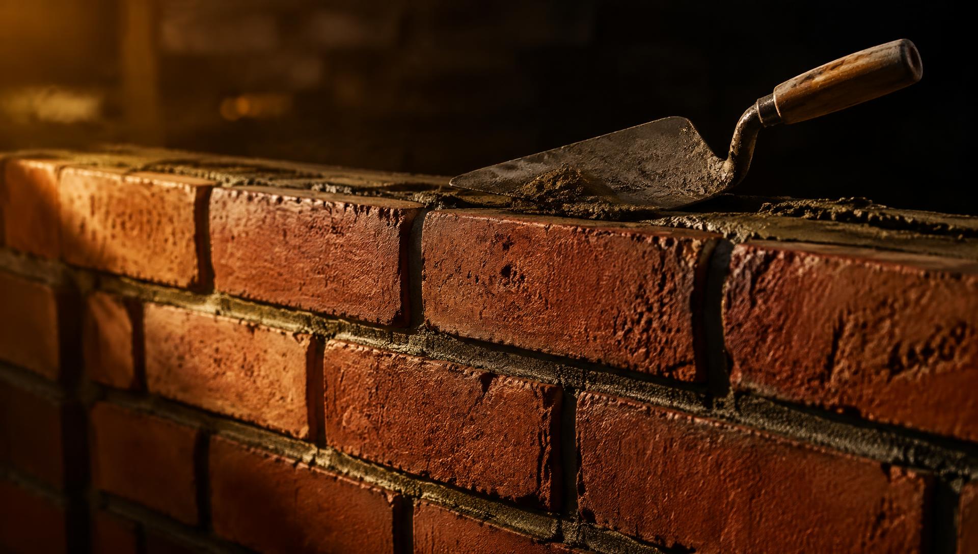 Freshly laid brickwork with a trowel